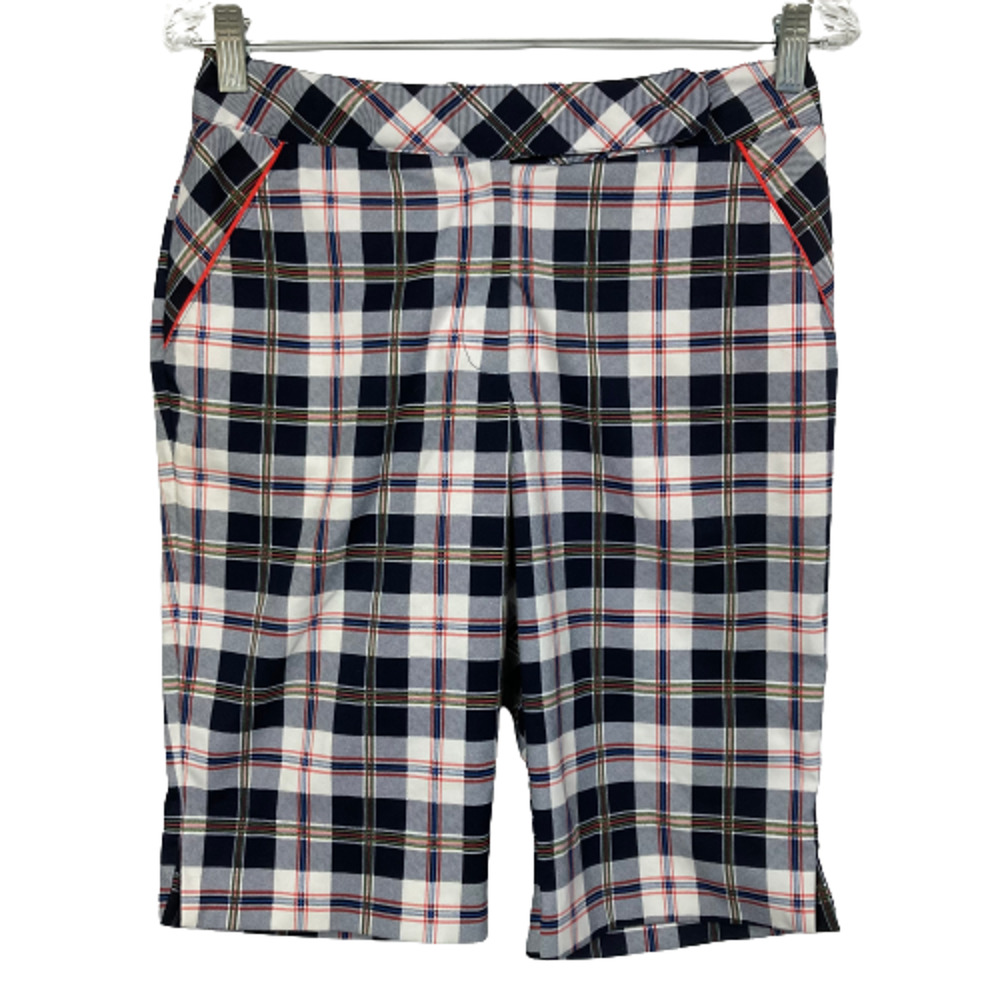 Bette & Court Shorts Womens Sz 4 Knit Bermudas Navy White Plaid Tartan Pockets‎